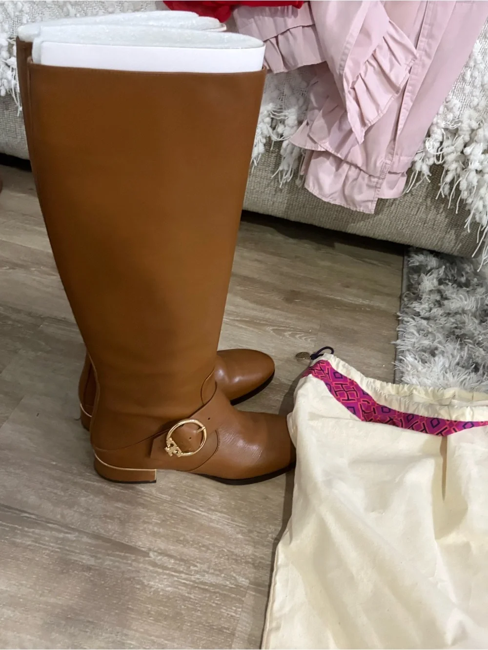 Tory Burch Brown Tall Leather Riding Boots with Gold Buckle